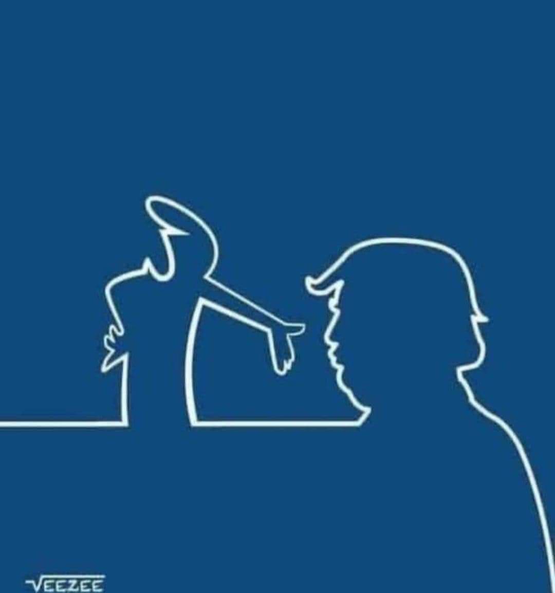 A minimalist white line drawing on a solid blue background shows a stylized figure with a distinctive hairstyle pointing an…