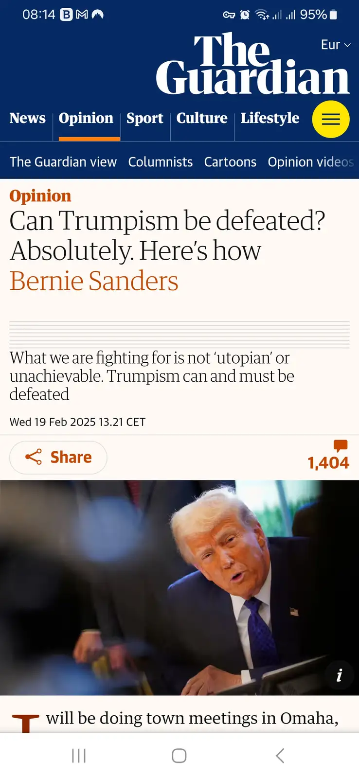 A screenshot of a The Guardian opinion article by Bernie Sanders titled 'Can Trumpism be defeated? Absolutely. Here's how'…