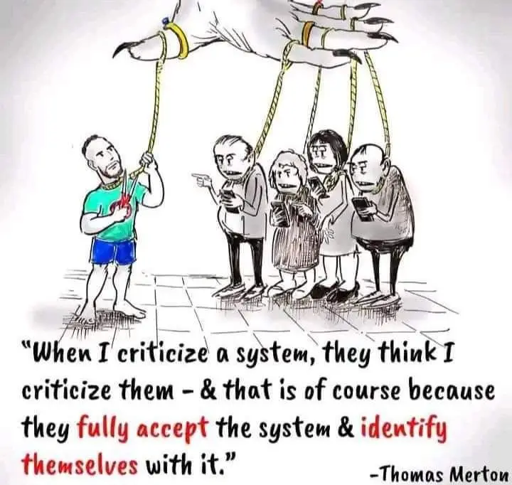 A cartoon depicts a man in a green shirt and blue shorts holding a rope tied to a giant hand puppeteer's finger, while four…