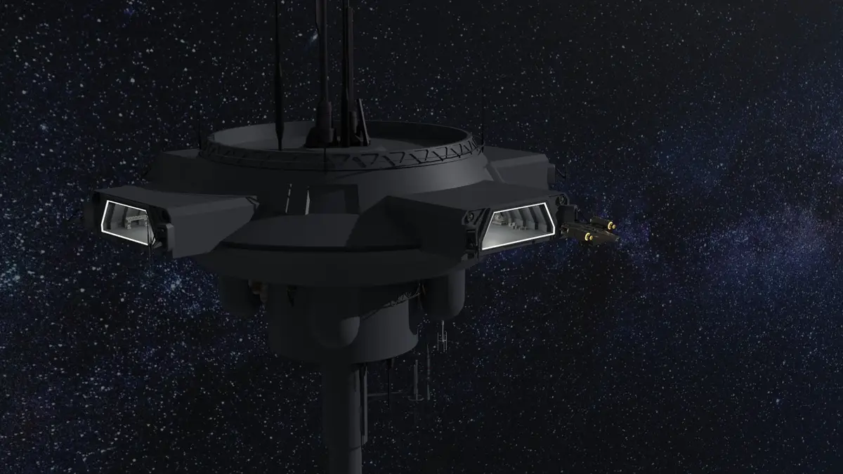 A dark grey, sci-fi space station with a central tower and circular top platform floats against a starry space background…