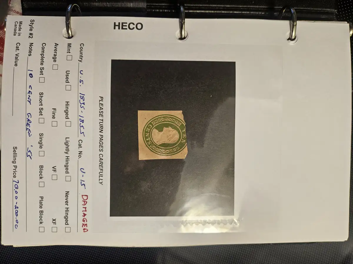 A damaged 10-cent U.S. postage stamp from 1835-1855 is displayed in a HECO collector's album page. The handwritten note '10…