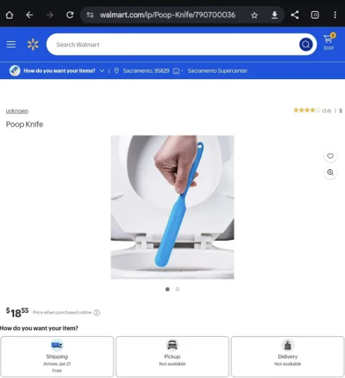 A screenshot of a Walmart product page showing a blue plastic tool being held over a toilet bowl, with the product title…