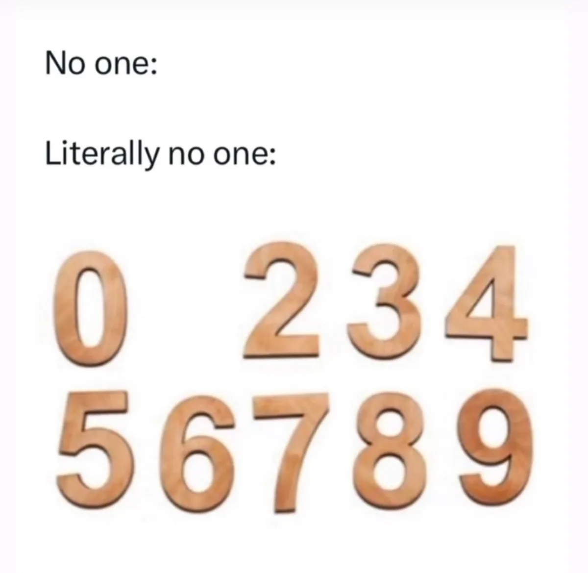The image displays ten wooden numerals arranged in two rows against a white background. The top row shows the numbers 0, 2…