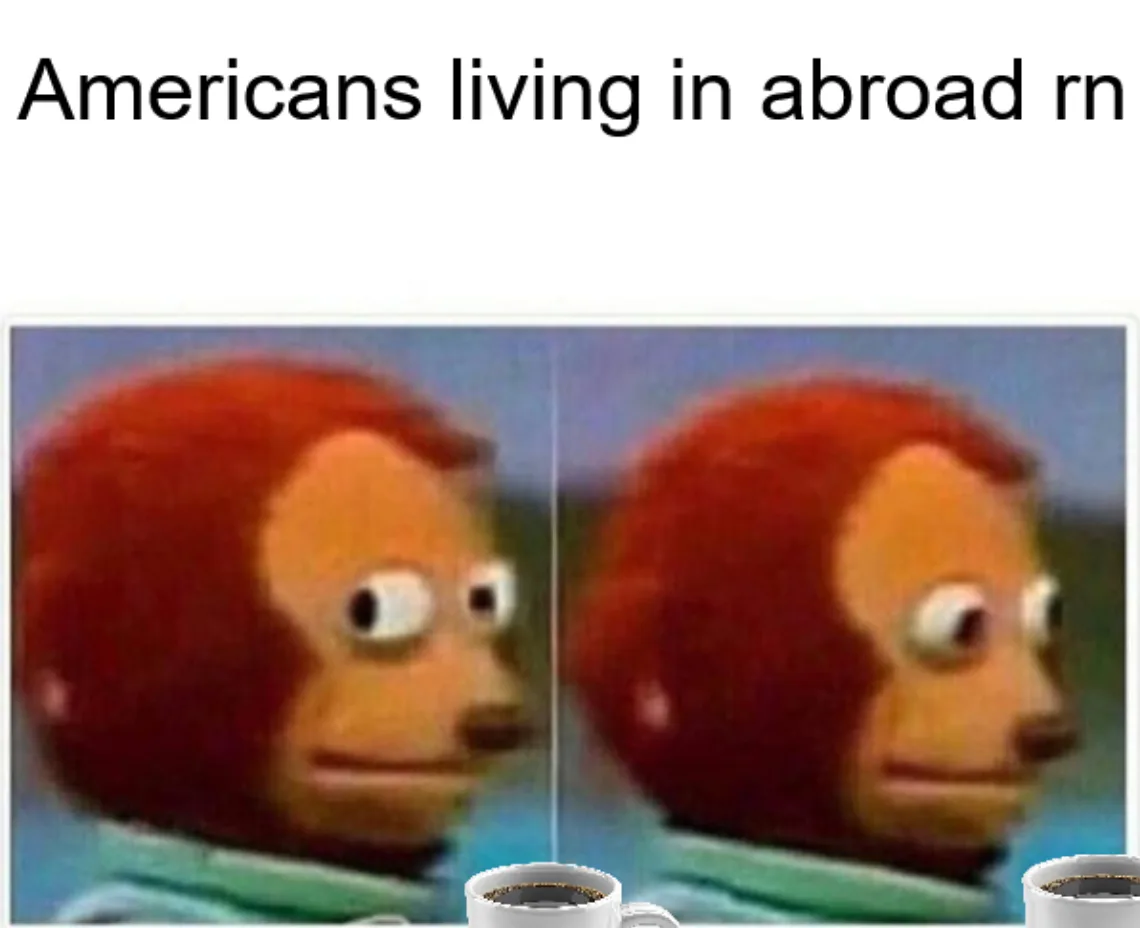 The image shows two side-by-side blurry photos of a red-haired cartoon monkey with a neutral expression, each holding a…