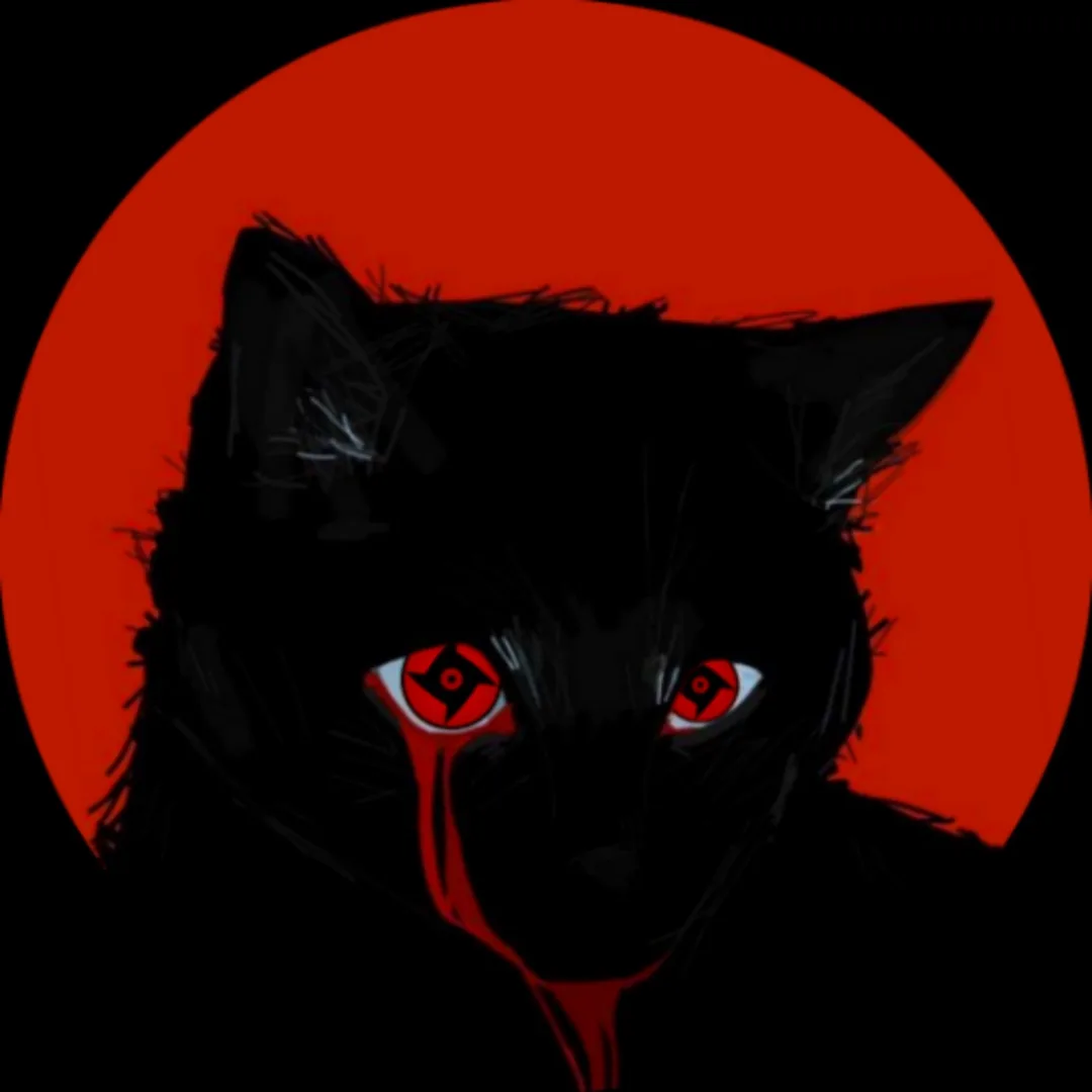 A stylized black cat with glowing red eyes featuring a spiral pattern, set against a large red circular background. The cat…