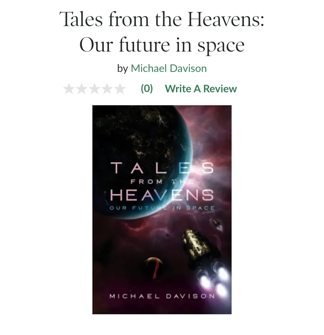 An online book listing for 'Tales from the Heavens: Our future in space' by Michael Davison, showing a zero-star rating and…