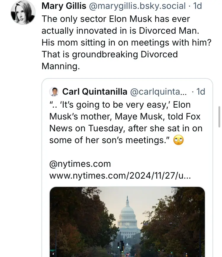 The image shows a screenshot of a social media post by Mary Gillis, which includes a quote from Carl Quintanilla about Elon…