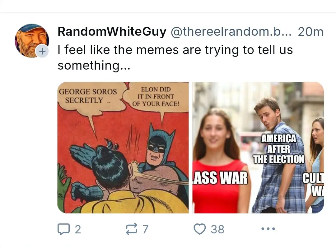 A tweet by 'RandomWhiteGuy' shows two memes side-by-side: left, Batman punches a man with text 'GEORGE SOROS SECRETLY…