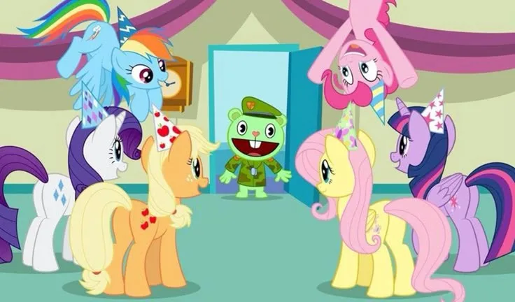 A group of My Little Pony characters, including Rainbow Dash, Rarity, Applejack, Fluttershy, Twilight Sparkle, and Pinkie…