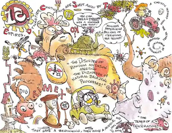 A chaotic, colorful cartoon illustration filled with whimsical, anthropomorphic animals and objects like a bear, a dog, a…