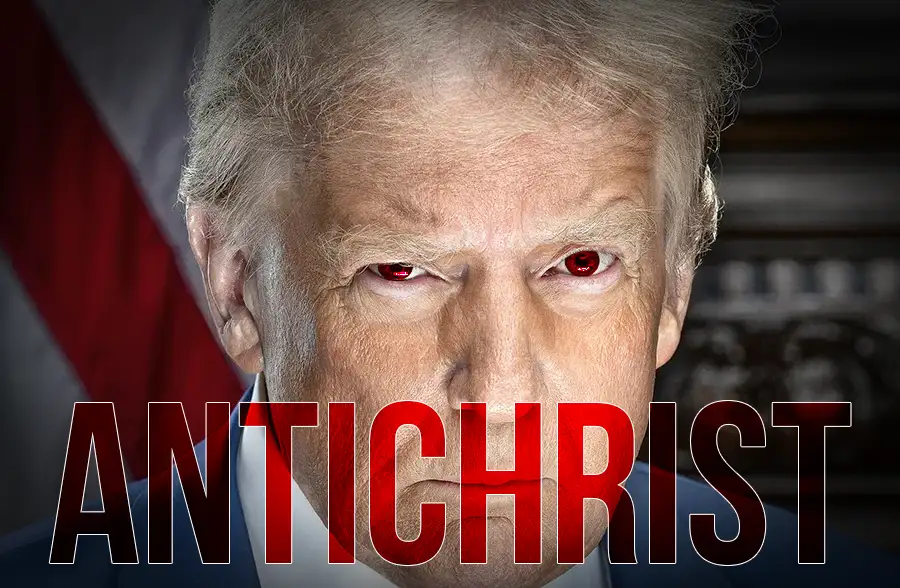 A close-up image of Donald Trump with digitally altered glowing red eyes, overlaid with the word 'ANTICHRIST' in large red…