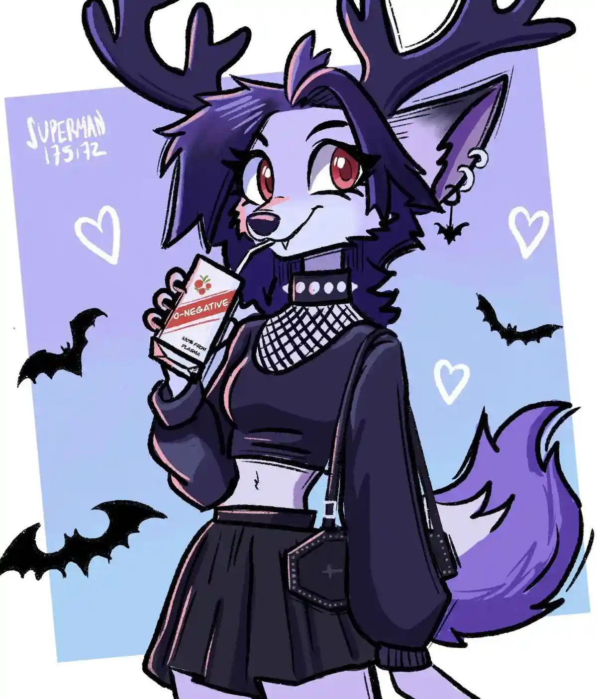 A purple-furred anthropomorphic deer with large antlers, red eyes, and a gothic outfit holds a carton labeled 'O-NEGATIVE…