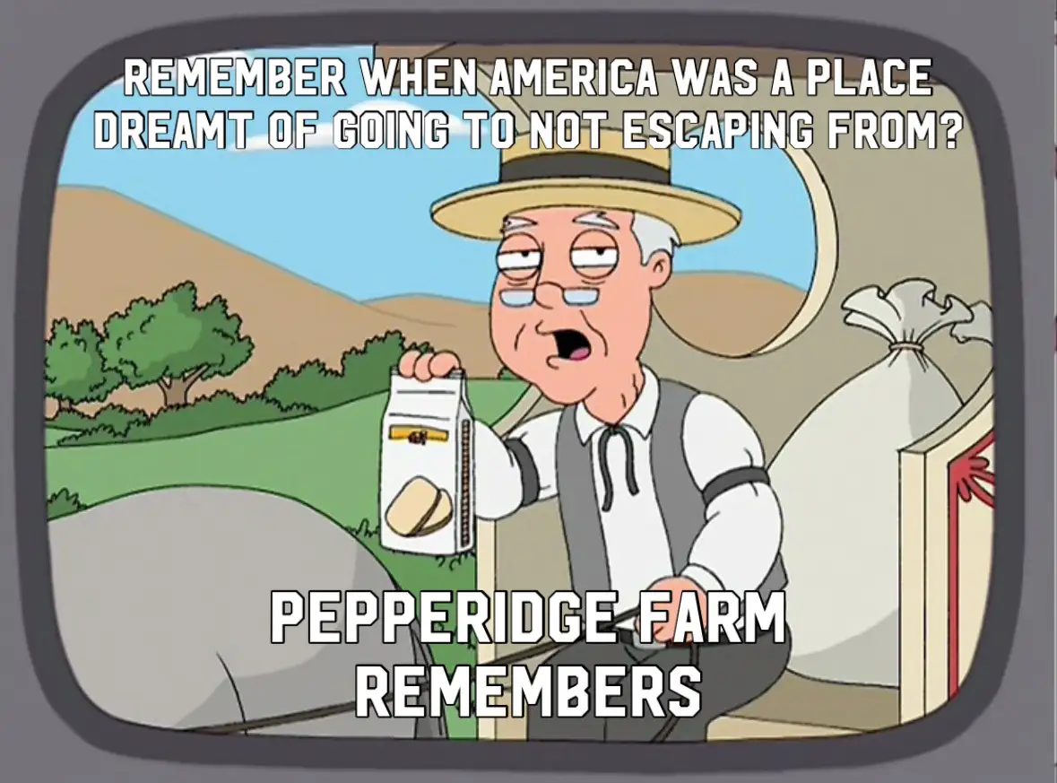 A cartoon image of an elderly man in a straw hat and vest holding a Pepperidge Farm cookie package, with a bag of money…