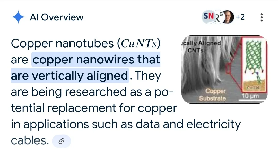 An AI-generated text snippet defines copper nanotubes as vertically aligned copper nanowires, with a scientific image on the…