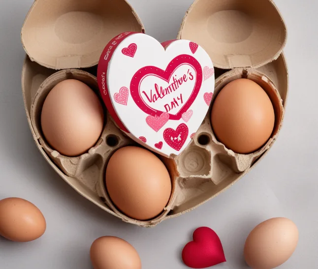 A heart-shaped cardboard egg carton holds three brown eggs, with a Valentine's Day-themed heart-shaped box placed on top…
