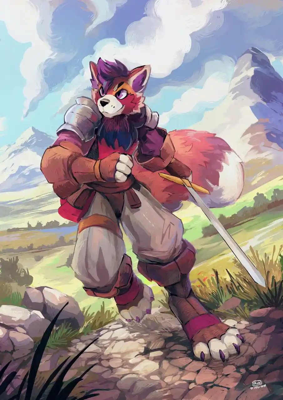 A stylized anthropomorphic fox with purple hair and a large bushy tail stands in a heroic pose on a rocky path, wearing red…