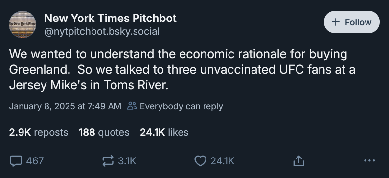 A screenshot of a Bluesky post from 'New York Times Pitchbot' with a dark background and white text. The post humorously…