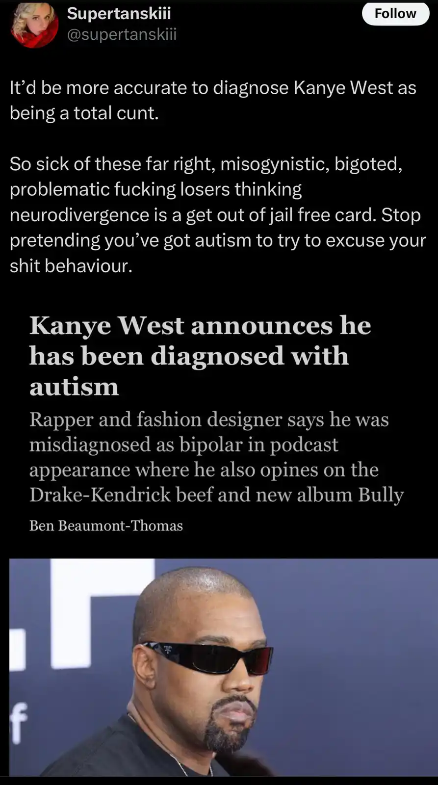 The image displays a screenshot of a social media post with text criticizing Kanye West's public announcement of being…