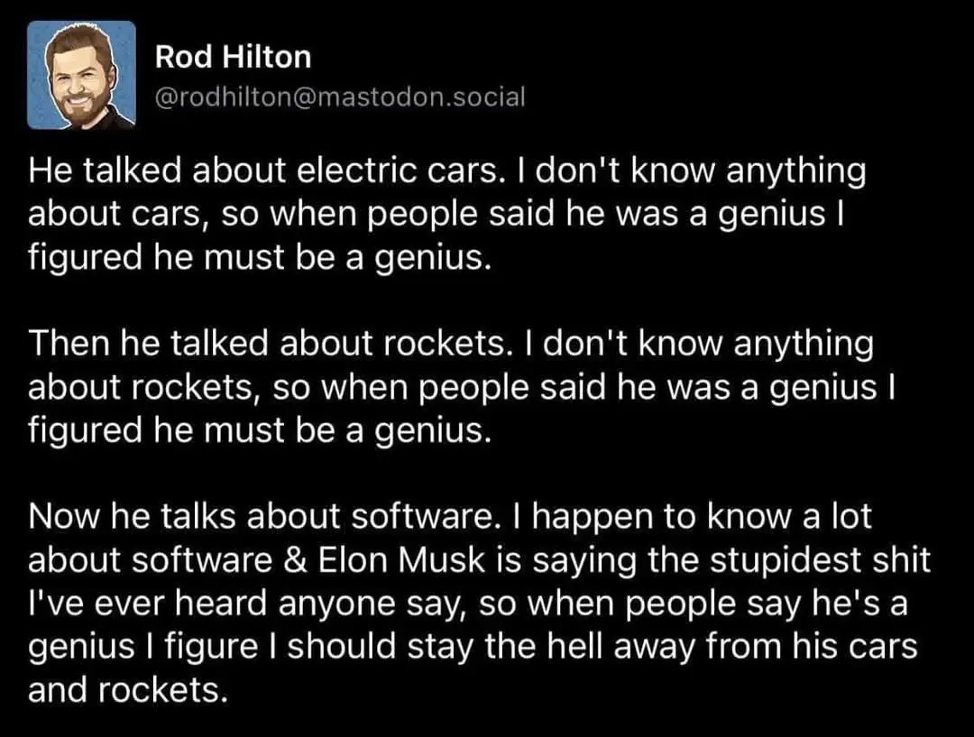 A screenshot of a Mastodon post by Rod Hilton, showing three paragraphs of text. The text humorously describes how the…