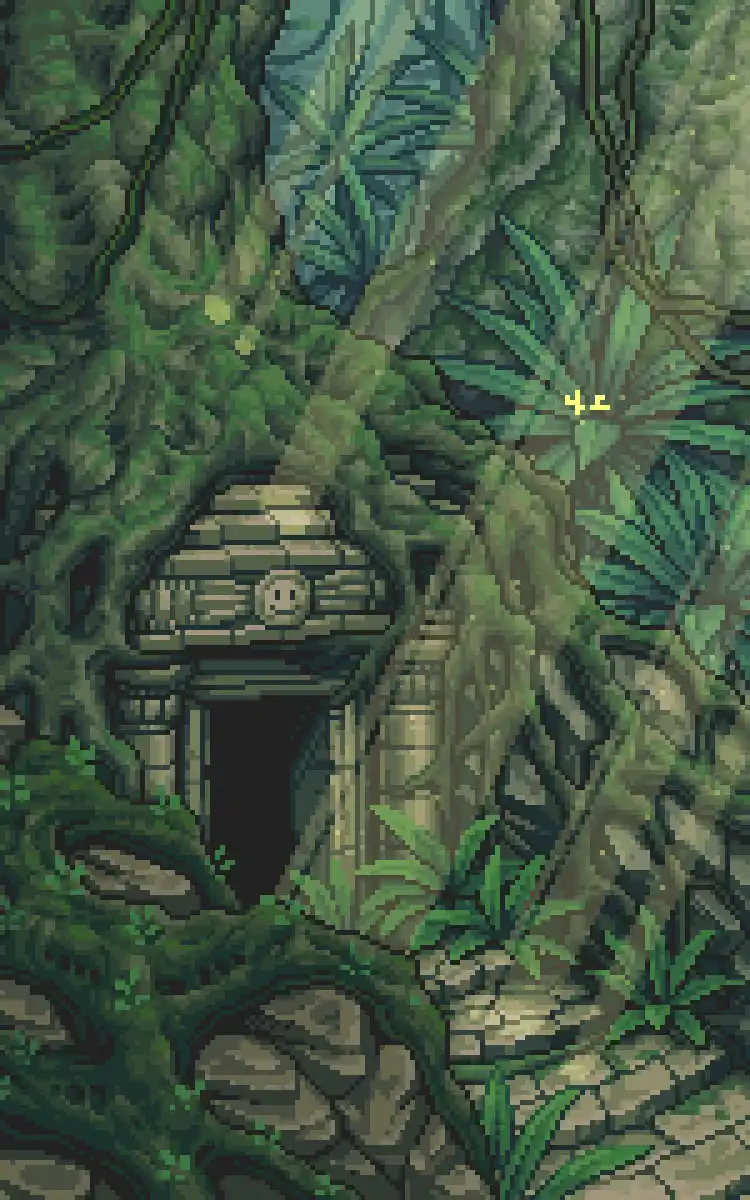 The image displays three identical vertical panels of a pixel-art jungle scene featuring a moss-covered stone ruin with a…