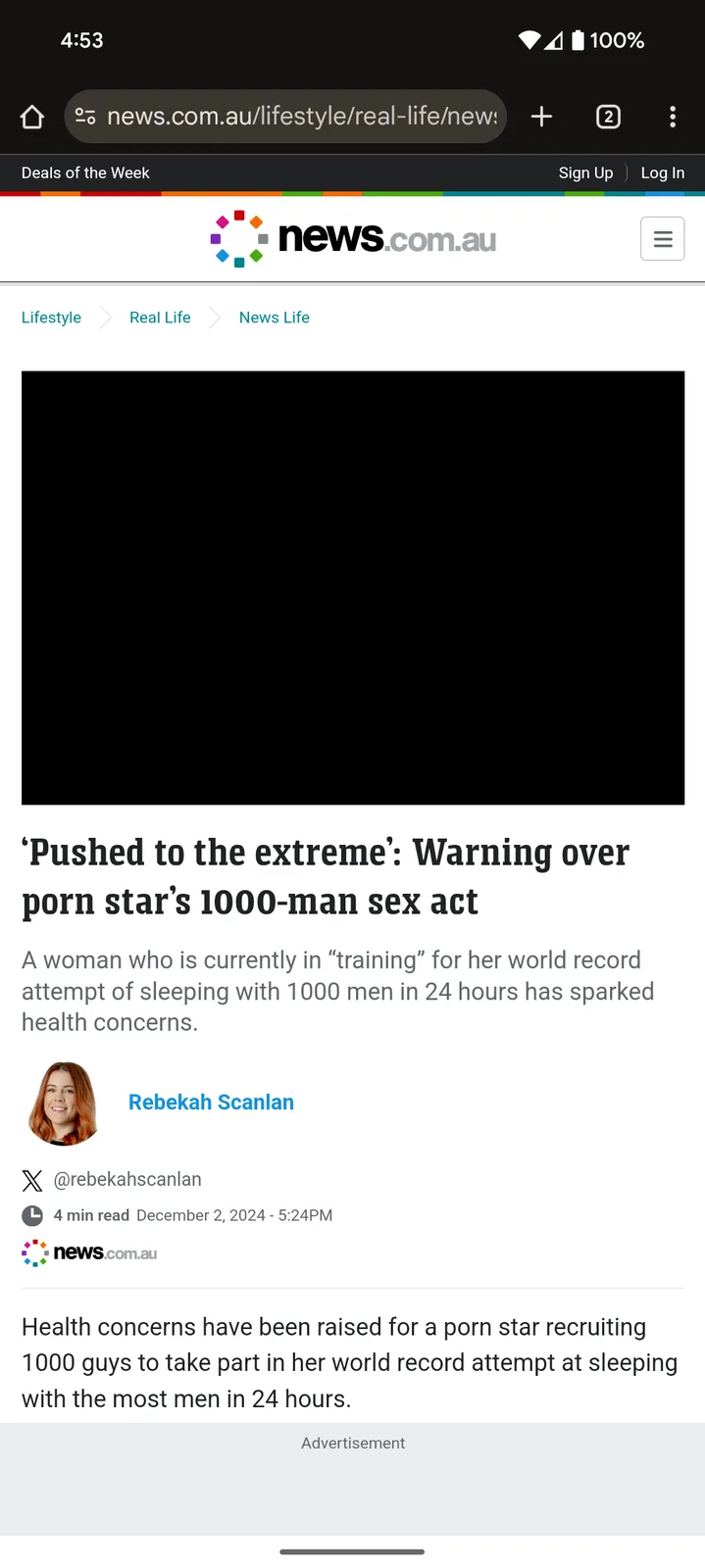 A screenshot of a news.com.au article with a black placeholder image, featuring the headline 'Pushed to the extreme'…