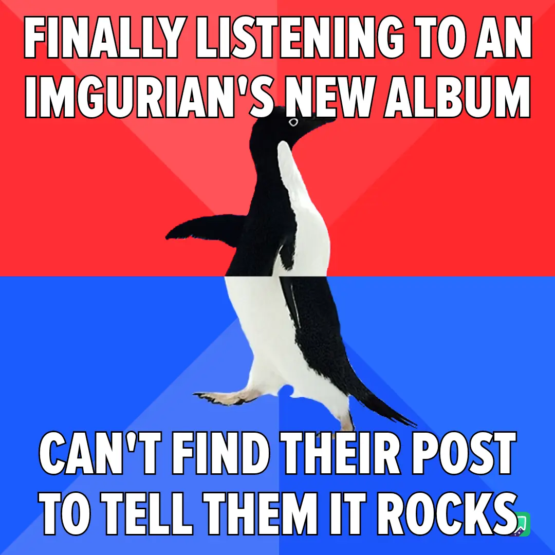 A penguin stands upright against a red and blue background, with bold white text at the top reading 'FINALLY LISTENING TO AN…