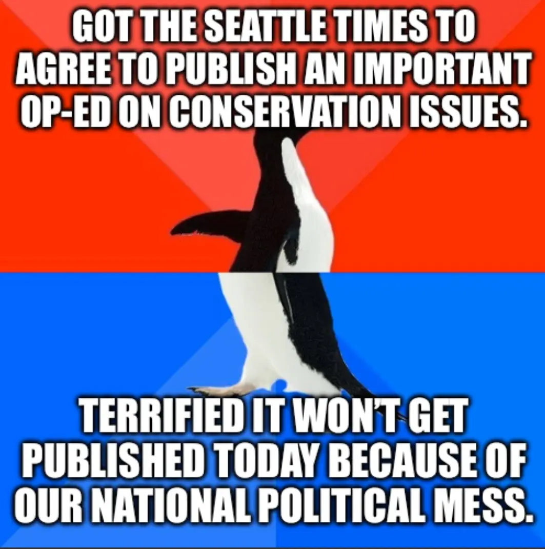 A penguin stands upright against a red and blue background, split horizontally. White bold text overlays the image in two…