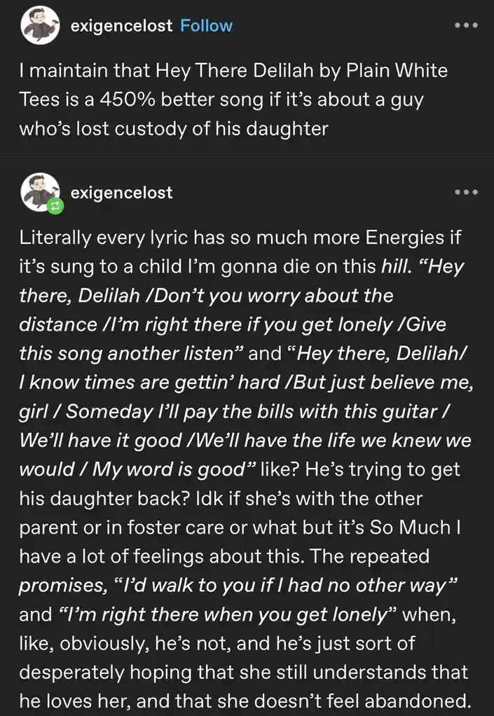 A screenshot of a social media post by 'exigencelost' discussing how the song 'Hey There Delilah' by Plain White Tees…