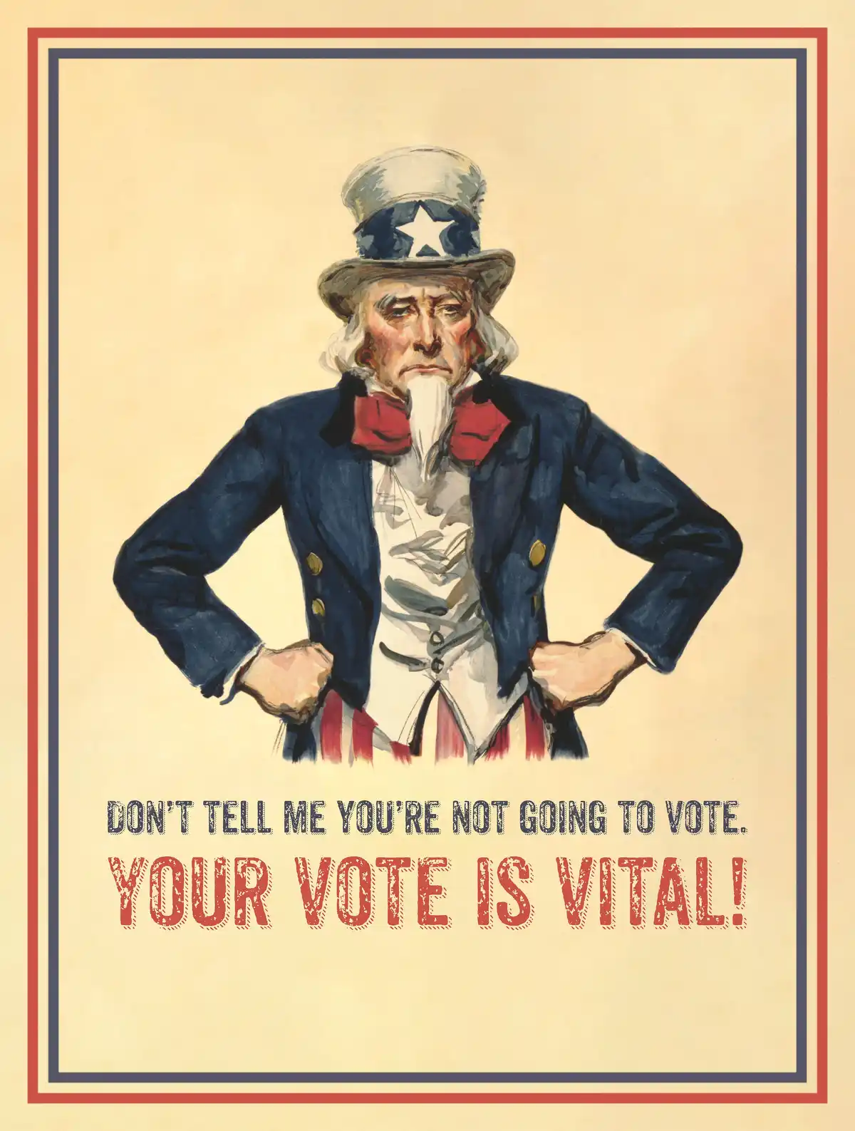 A vintage-style American propaganda poster features Uncle Sam, a stern-looking man with a white beard, wearing a top hat…