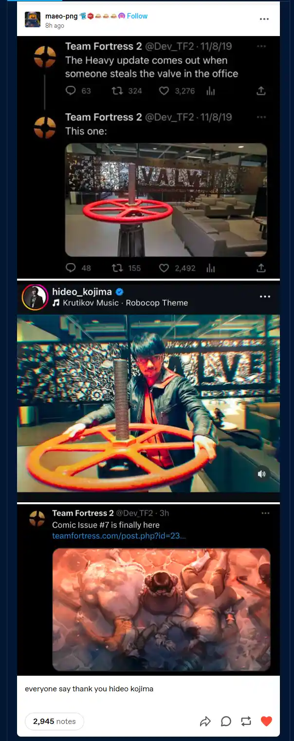 A screenshot of a Tumblr post showing three tweets from Team Fortress 2. The first tweet shows a photo of a large red valve…
