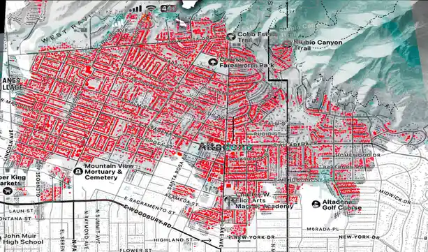 A map of Altadena, California, shows a dense residential area with streets like E Palm St and E Mariposa St. The entire…