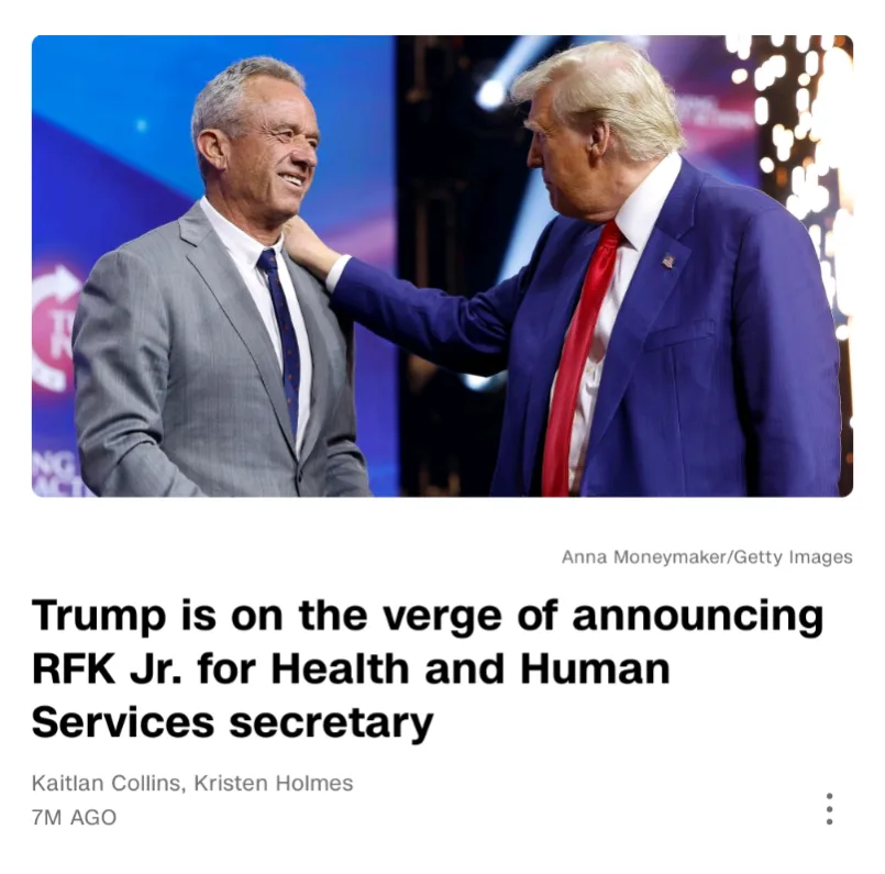 A photo shows Donald Trump placing his hand on the shoulder of Robert F. Kennedy Jr., both smiling. Overlaid text reads…