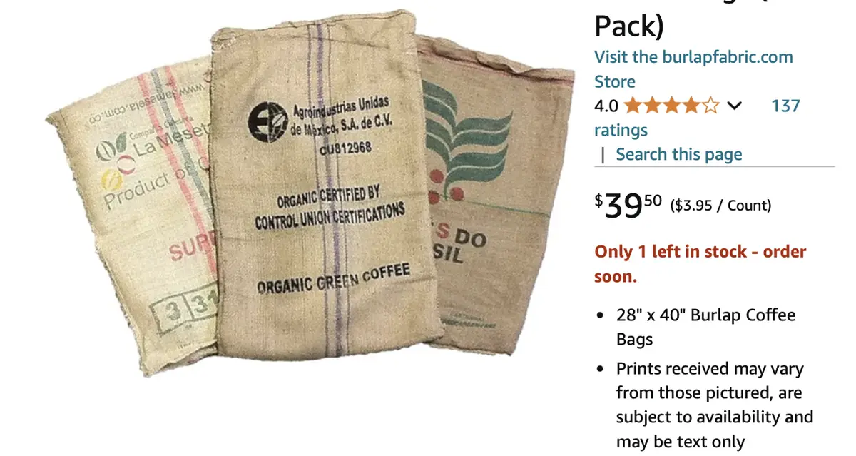 Three burlap coffee sacks are displayed as a product listing, with visible text like 'ORGANIC GREEN COFFEE' and…