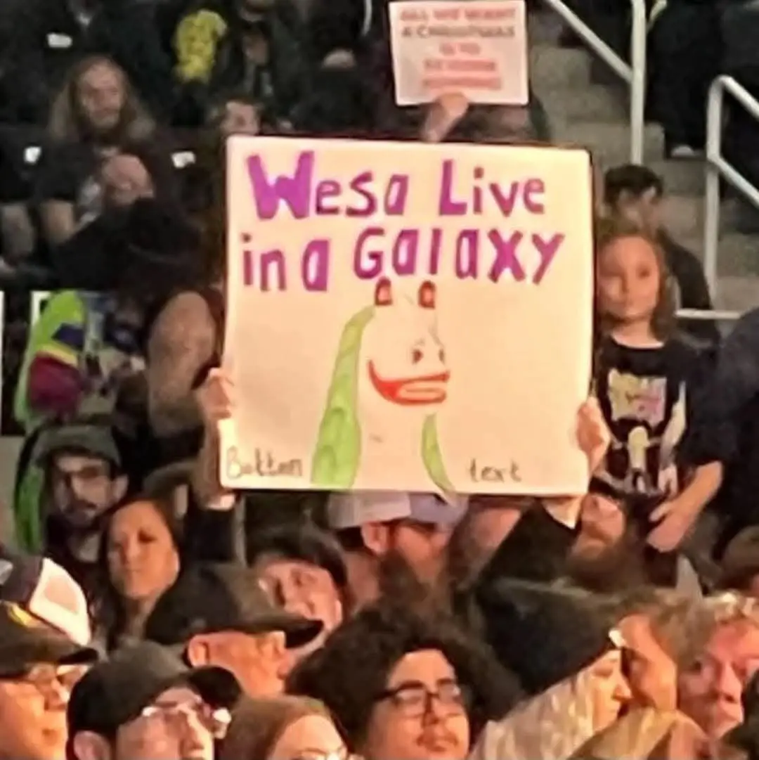A crowd of people at an event, one person holds up a handmade sign with purple text reading 'Wesa Live in a Galaxy' and a…