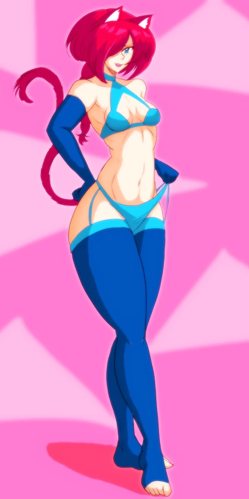 An anime-style illustration of a woman with red hair, cat ears, and a tail, wearing a blue bikini top and bottoms with blue…