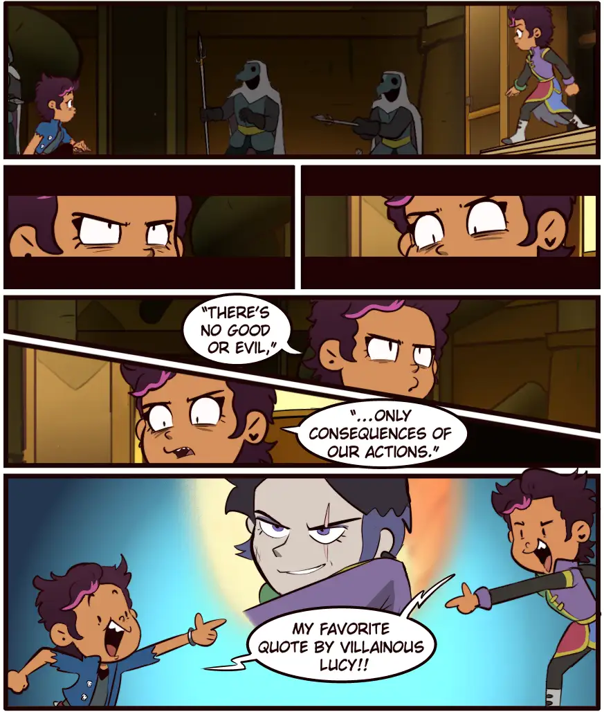 A comic strip shows a character encountering two masked guards, then reacting with shock and anger. The character delivers a…