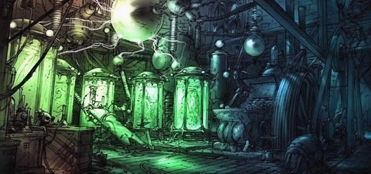 A dark, cluttered, steampunk-style laboratory filled with glowing green machinery, glass tubes, and electrical arcs, with a…