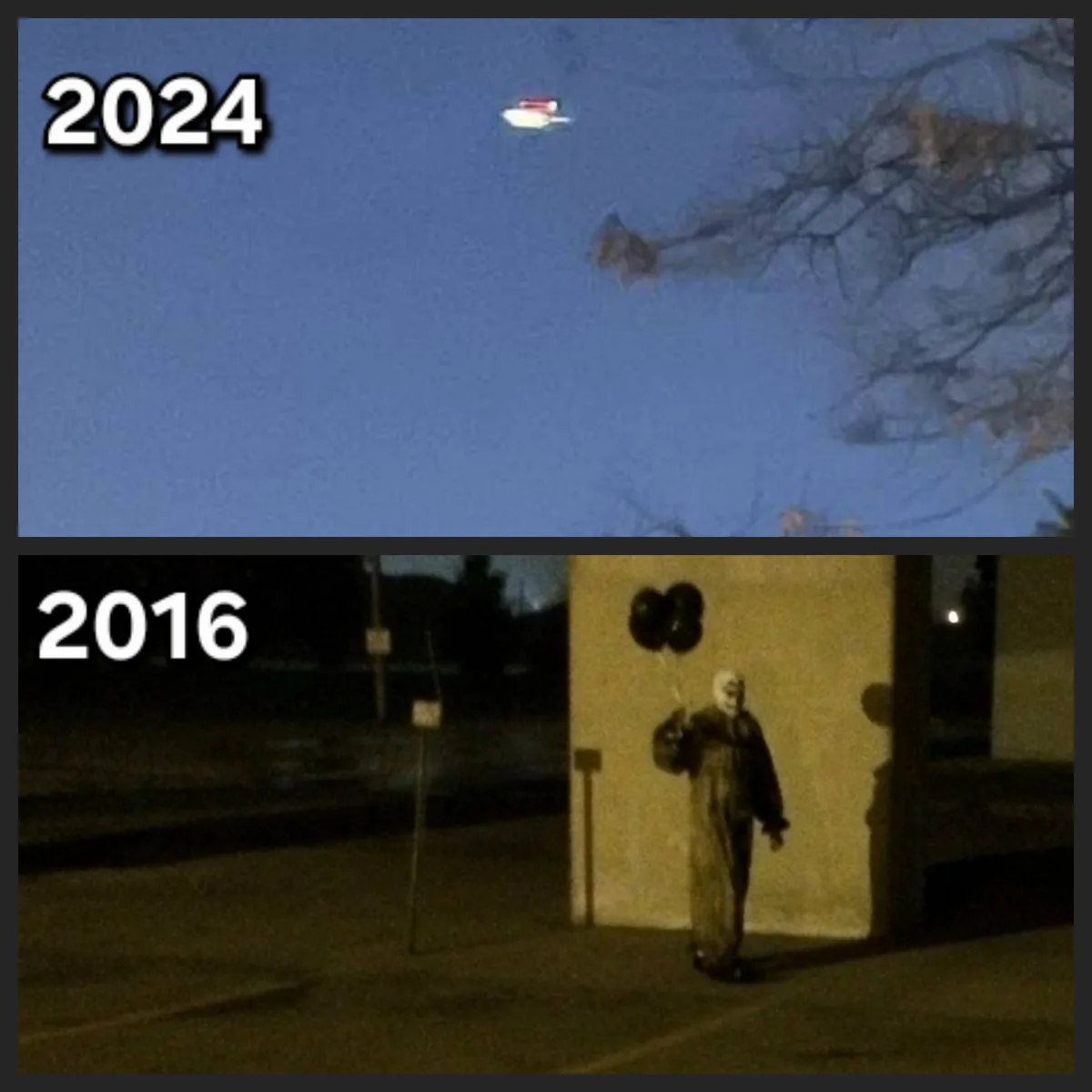 The image is split into two panels. The top panel shows a dark blue sky at dusk or night with bare tree branches on the…