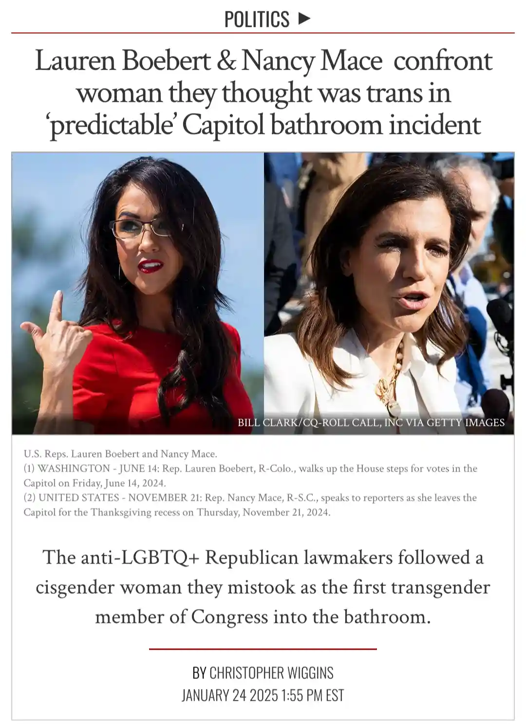A news article screenshot shows two photos of U.S. Representatives Lauren Boebert and Nancy Mace. The headline reads 'Lauren…