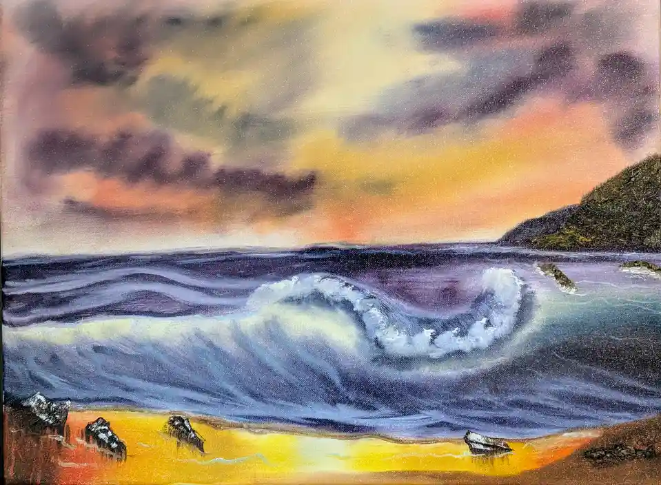 A painting of a dramatic ocean scene at sunset, featuring crashing waves, a colorful sky with orange, purple, and yellow…
