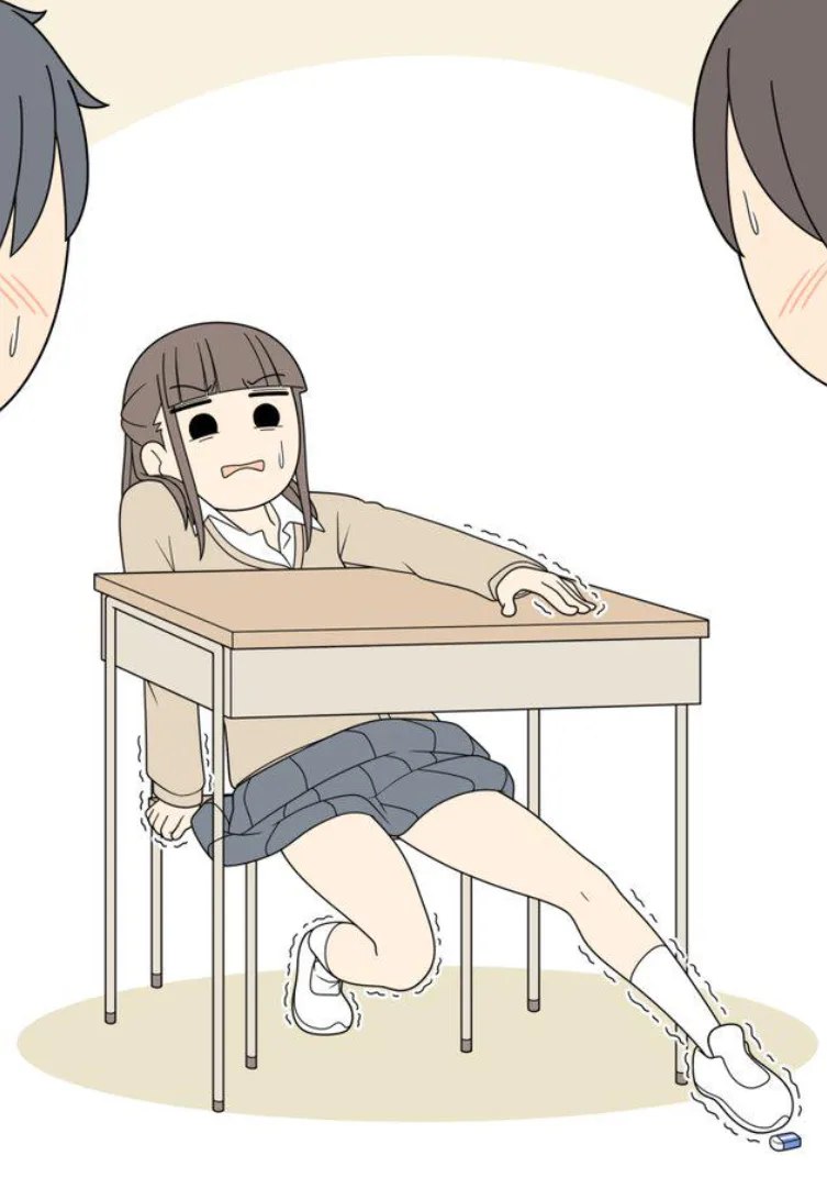 A cartoon girl in a school uniform is awkwardly hiding under a desk with her legs splayed out, sweating nervously. Two…