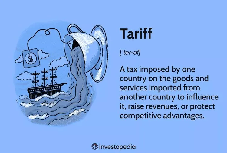 An illustrated definition of 'Tariff' from Investopedia, showing a large teapot pouring water onto a ship carrying a dollar…