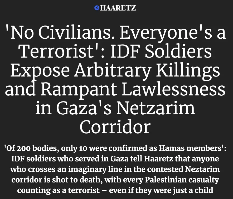 A black-background image displays a Haaretz news headline and subtext in white text. The headline reads: 'No Civilians…