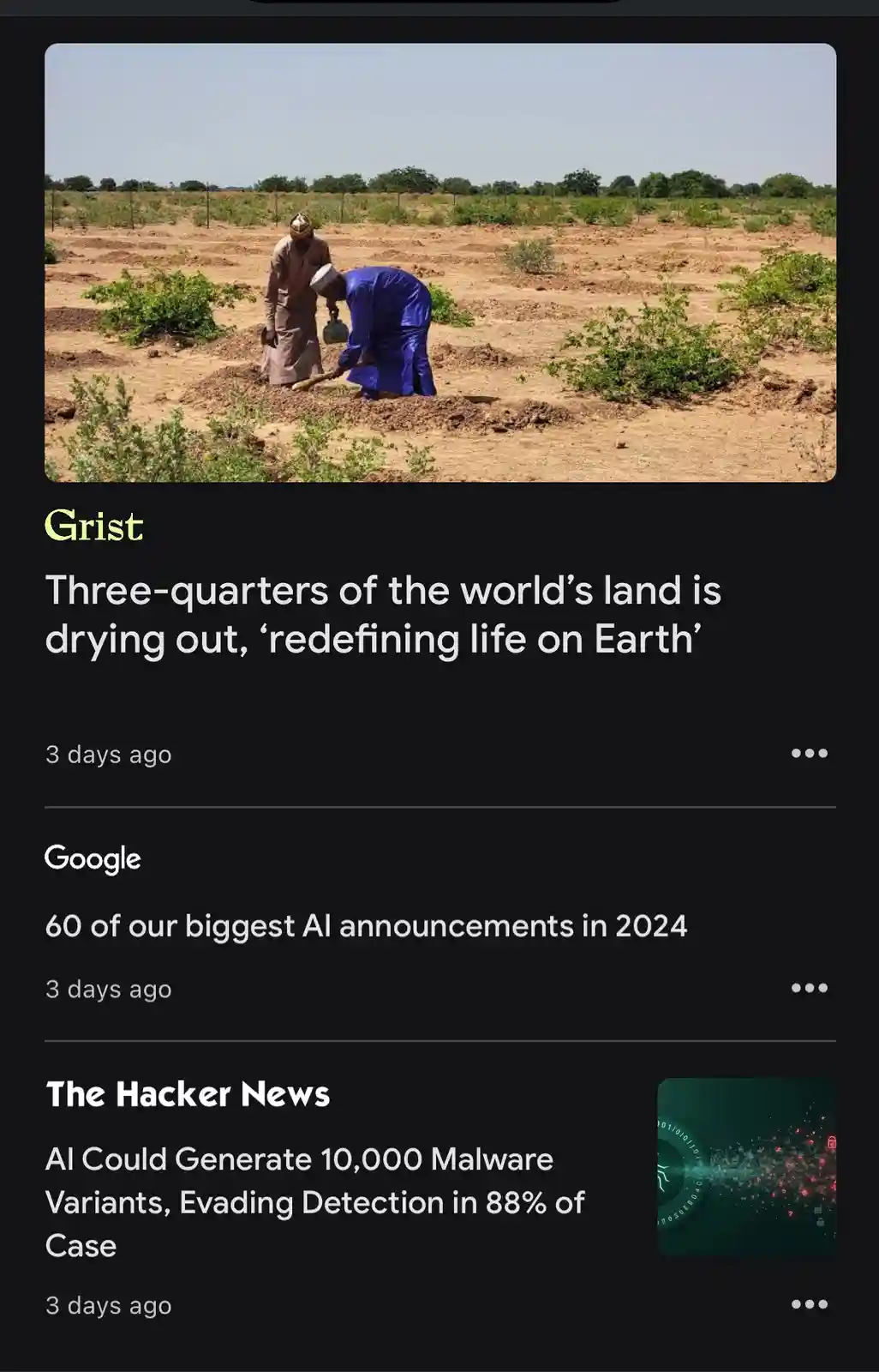 An image shows two people in a dry, arid field planting trees, with overlaid text from a news article stating…