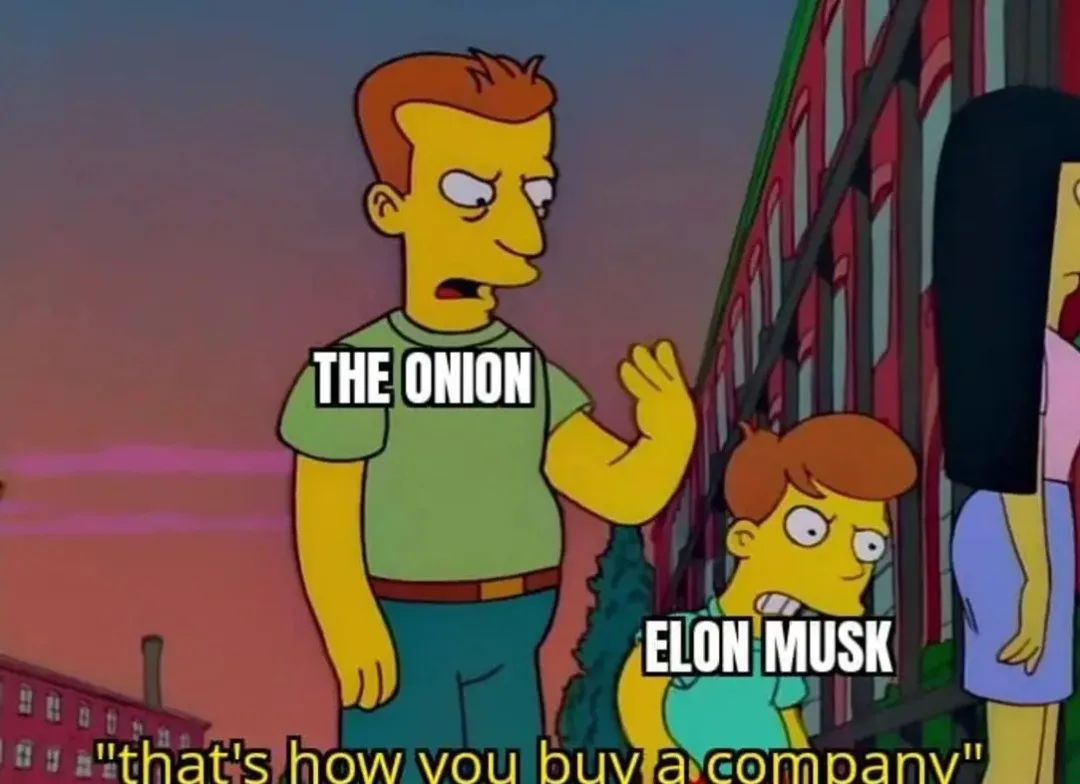 A still from The Simpsons shows two characters, one labeled 'THE ONION' and the other 'ELON MUSK', with the latter looking…