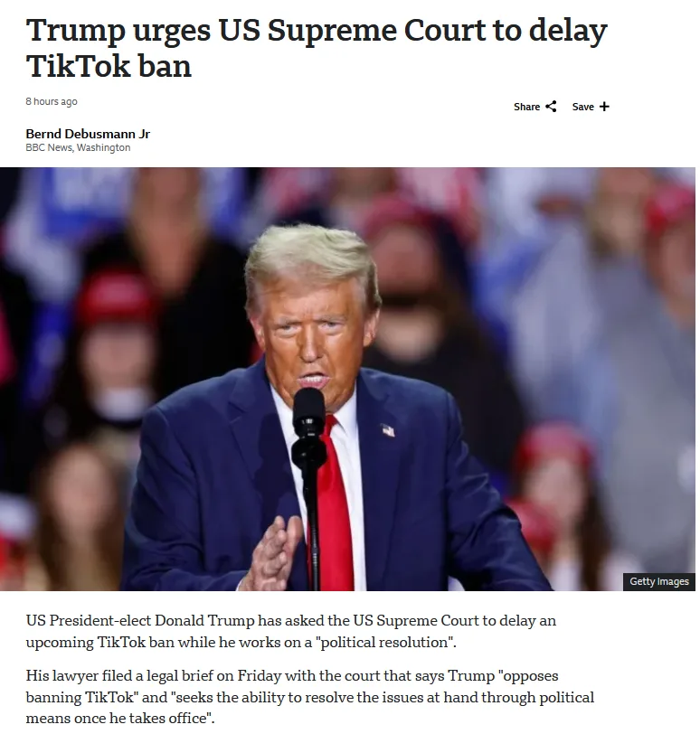 A screenshot of a BBC News article with a photo of Donald Trump speaking at a podium, overlaid with the headline 'Trump…