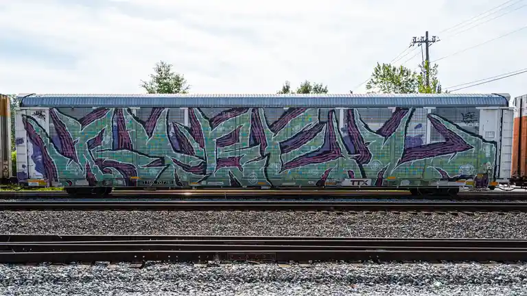 A side view of a freight train car covered in large, stylized graffiti art using purple, green, and black colors. The word…
