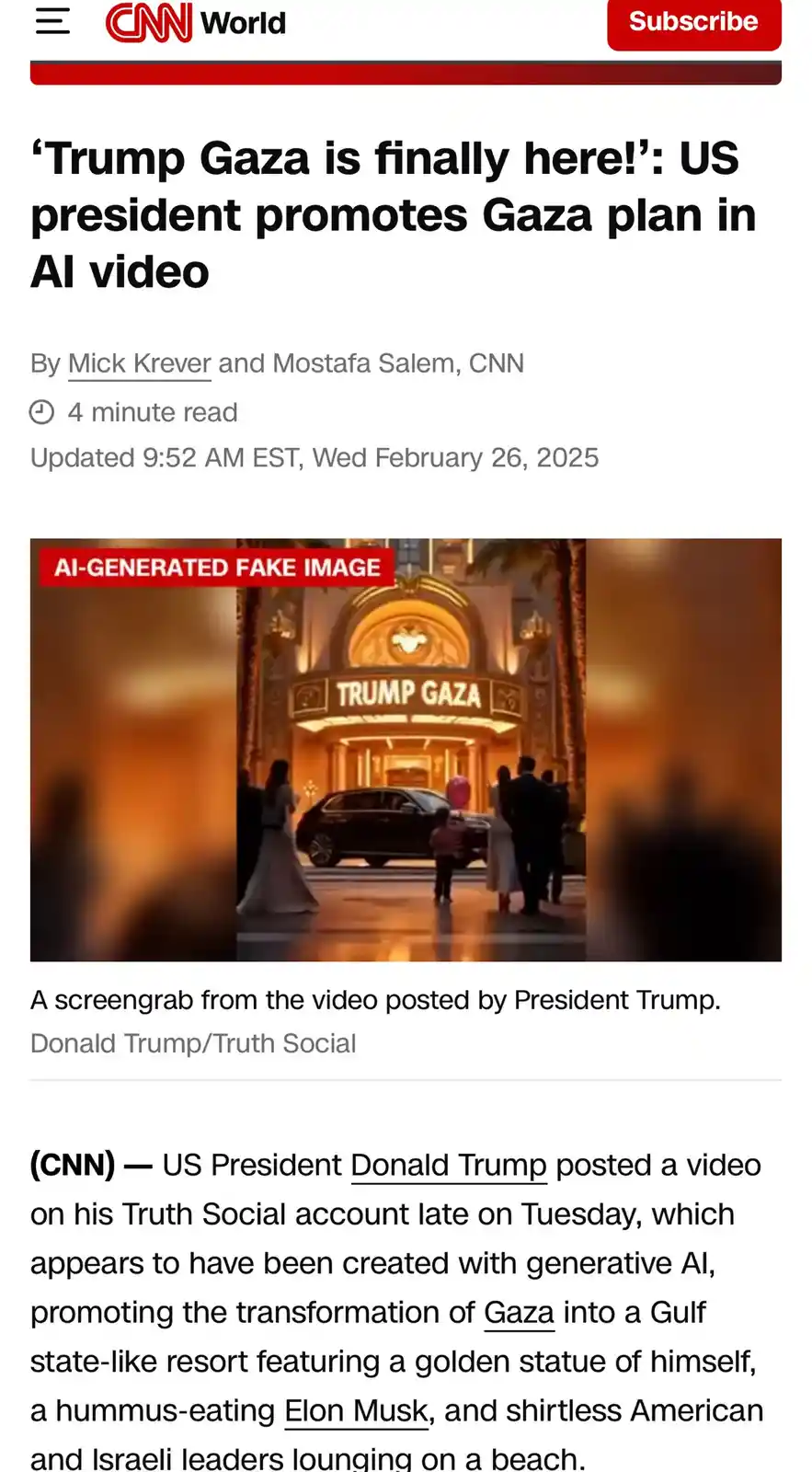 A screenshot of a CNN article shows an AI-generated fake image of a grand hotel entrance with a sign reading 'TRUMP GAZA'…