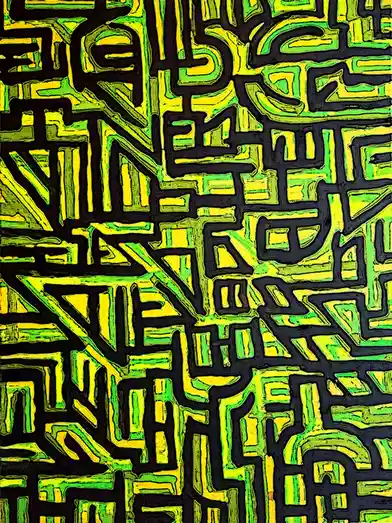 The image displays a complex, abstract pattern of glowing neon green and yellow lines against a black background, resembling…