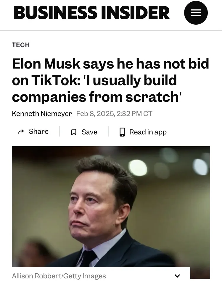 A screenshot of a Business Insider article from February 8, 2025, featuring a photo of Elon Musk looking serious. The…